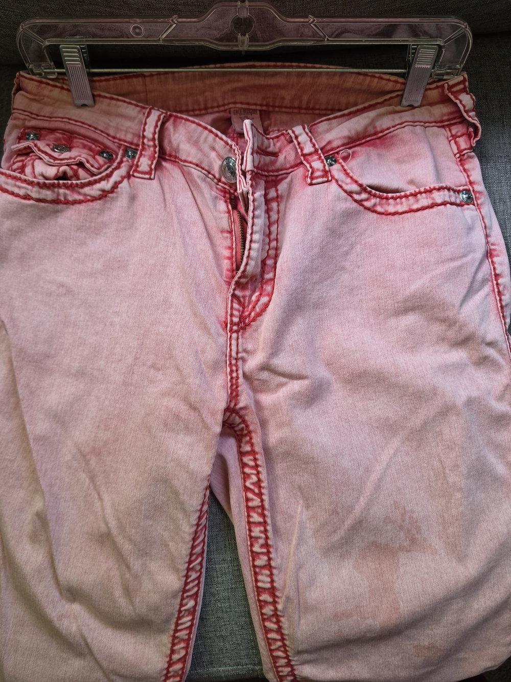 True Religion Big T Skinny Jeans Red Pink Acid Wash Contrast Stitch 31 Stretch - Picture 11 of 12